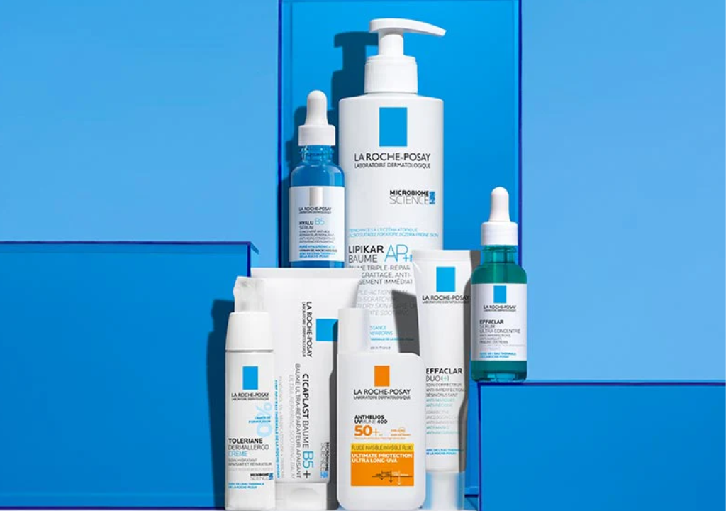La Roche-Posay Products on a blue backdrop