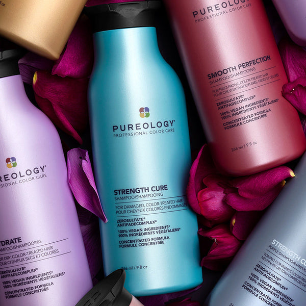 Pureology vegan haircare bottles displayed for colour protection and shine