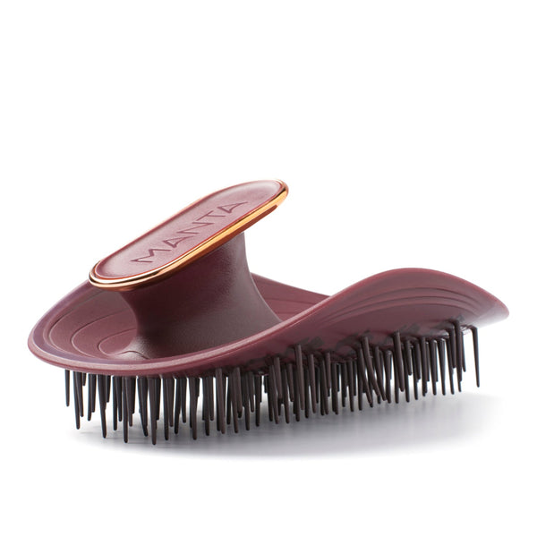 Hairbrush with a maroon handle and black bristles on a white background