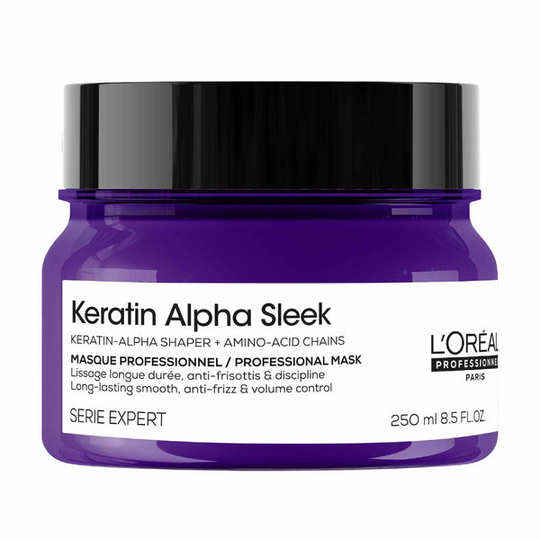 L'Oreal Keratin Alpha Sleek hair mask jar on a white background