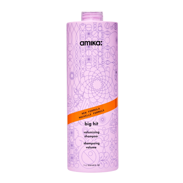 Amika volumizing shampoo bottle on a white background