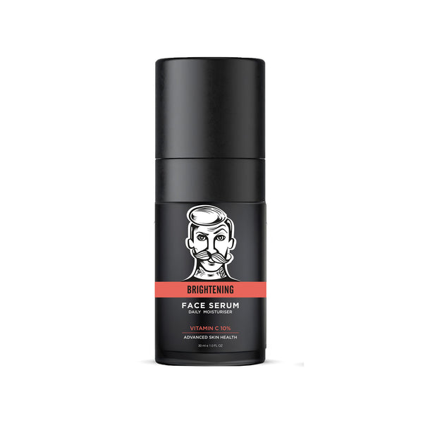 Black face serum bottle with branding on a white background