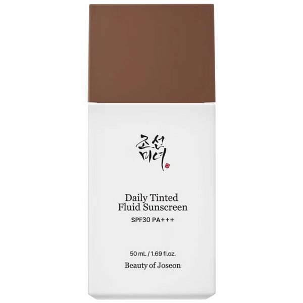 Daily Tinted Fluid Sunscreen packaging with brown and white design