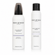 Two white cylindrical bottles of Percy Reed London hair styling products on a white background: Volumising Mousse with a translucent smoky cap and Heat Protect Spray with a black cap.
