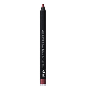 Eyeliner pencil with black casing and red tip on a light gray background
