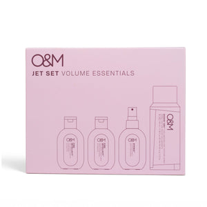 O&M Jet Set Volume Essentials packaging on a pink background