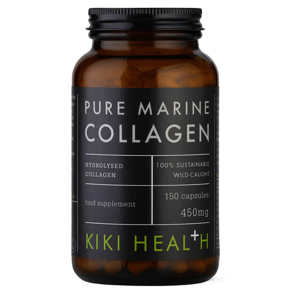 Brown supplement bottle labeled 'Pure Marine Collagen' by KIKI Health on a white background