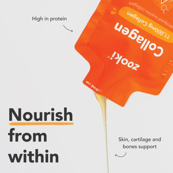 Zooki Super Strength Marine Collagen 11,000mg, Mango Peach Flavour - 30x18.5ml sachets
