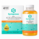 Symprove daily live & active bacteria water-based food supplement, Mango & Passion Fruit Flavour, shown as a white bottle with a teal and orange label next to its matching white and teal packaging box.