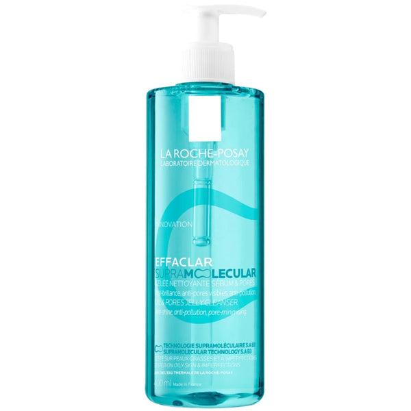 Blue bottle with pump of La Roche-Posay Effaclar product on a white background