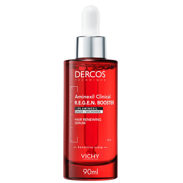 Vichy Dercos Aminexil Clinical R.E.G.E.N. Booster hair serum bottle on a white background