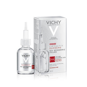 Silver Vichy Liftactiv H.A Epidermic Filler Smoothing 1.5% Hyaluronic Acid Serum 30ml bottle next to box