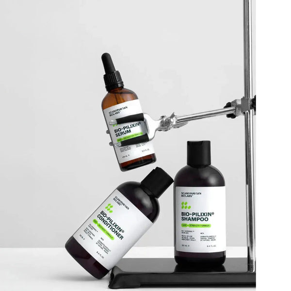 Scandinavian Biolabs Bio-Pilixin serum and haircare routine for thinning hair, scalp health and fuller-looking hair