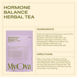 MyOva Hormone Balance Herbal Tea package with ingredients and directions on a beige background