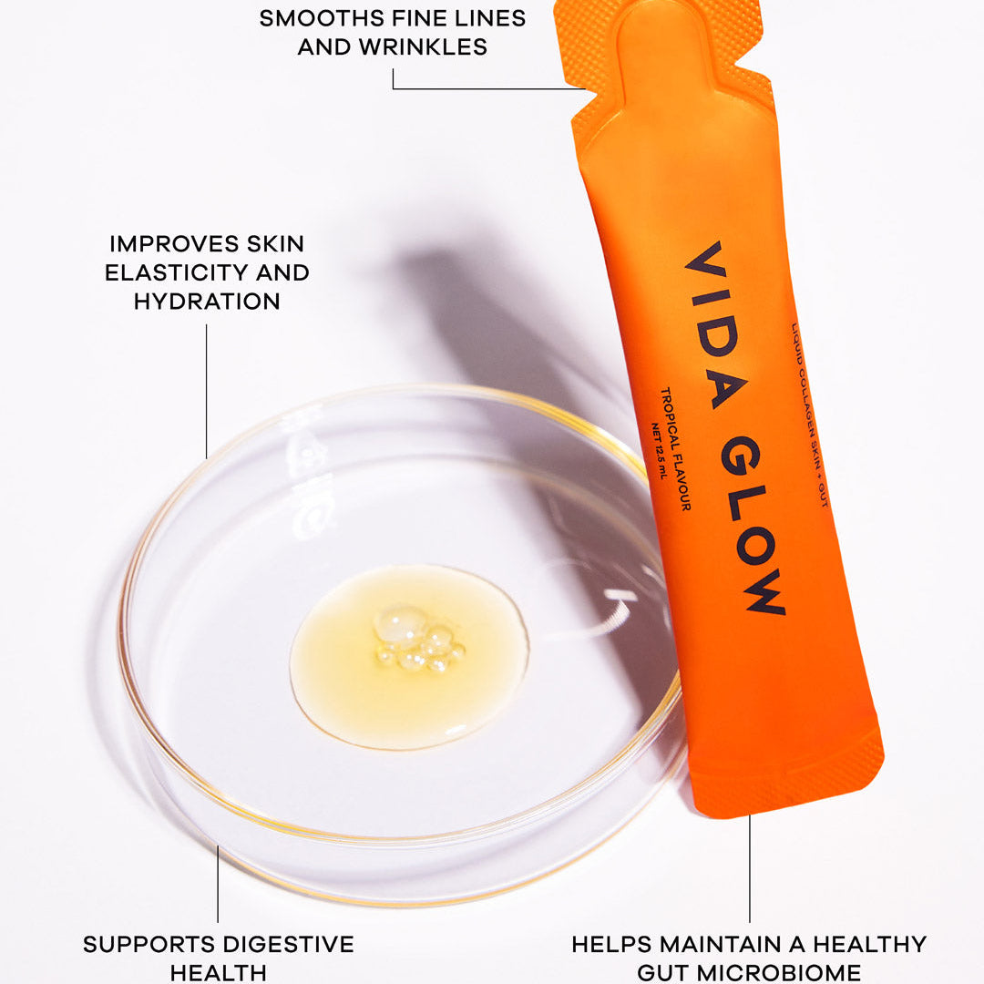 Vida Glow skincare product with benefits listed on a white background