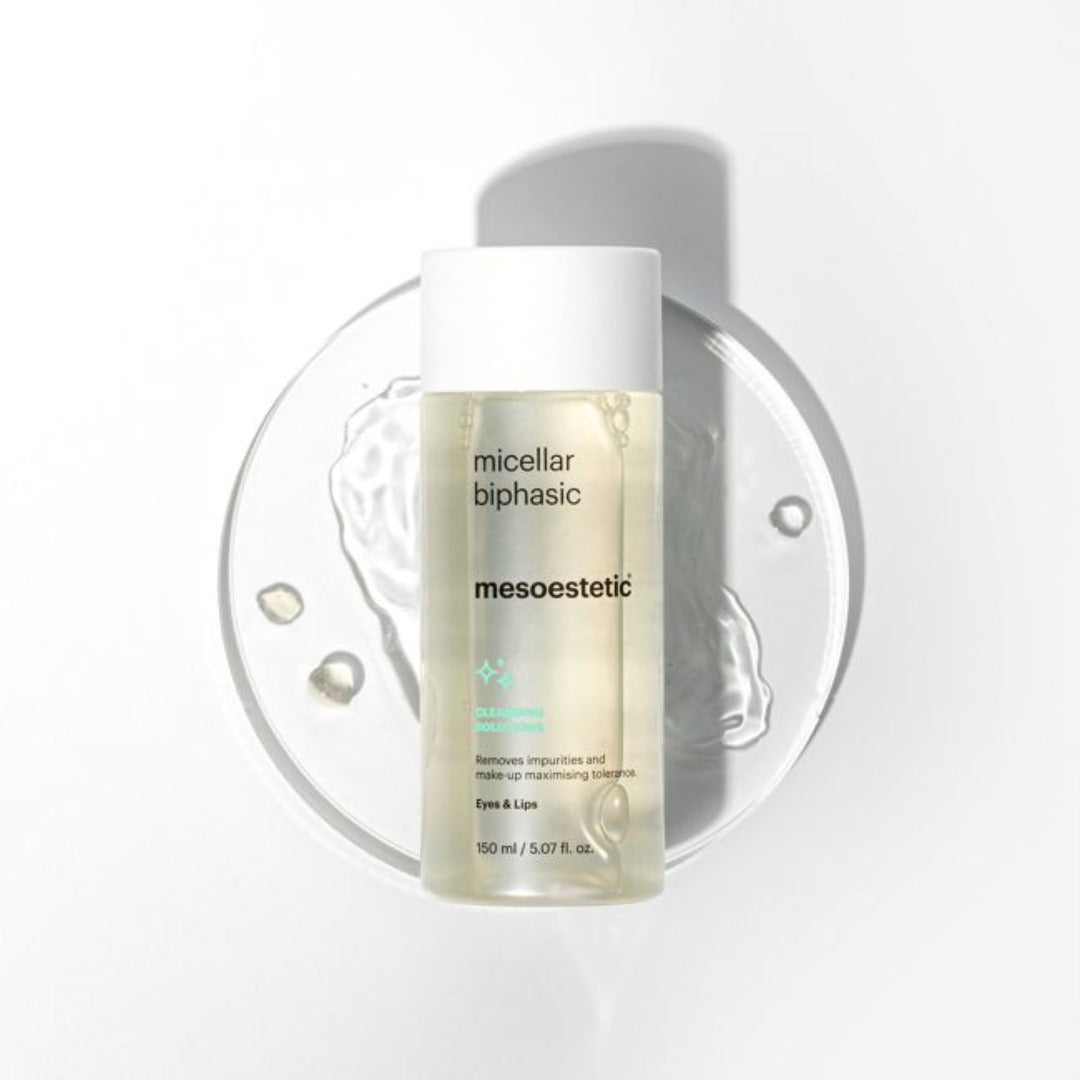 mesoestetic Micellar Biphasic facing up on a crystal base