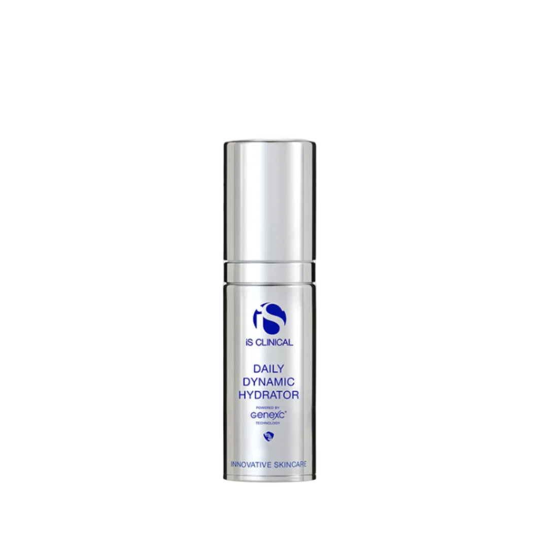 A silver cylindrical cosmetic bottle labeled 'B CLINICAL Daily Dynamic Hydrator' on a light gray background, with a black circular callout reading 'NEW SIZE 15g / 0.5oz'.