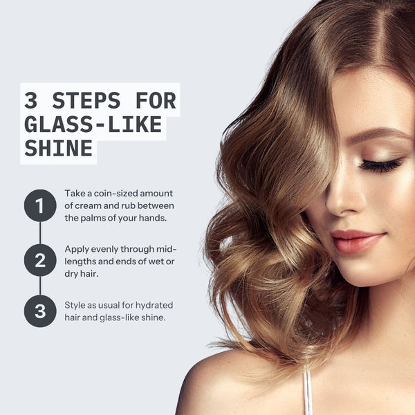 A beauty infographic showing a woman with styled wavy hair on the right and text on the left reading '3 STEPS FOR GLASS-LIKE SHINE' with numbered application instructions. The product itself is not directly visible as a standalone item, so this is not Product/Packaging.