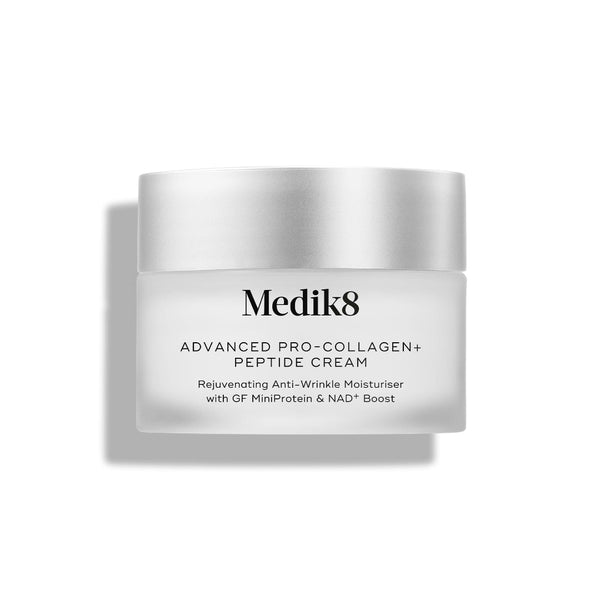 A white cosmetic jar of Medik8 Advanced Pro-Collagen+ Peptide Cream, shown on a clean white background with a soft shadow.