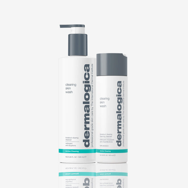 Two bottles of Dermalogica clearing skin wash on a white background