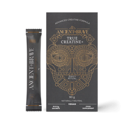 Ancient + Brave True Creatine+ vegan food supplement, showing a single black sachet packet next to its black and gold outer box packaging on a white background.