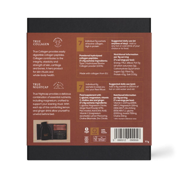 The back of a True Collagen x True Nightcap collagen powder box, showing product information, ingredients, and a barcode on a dark brown background.