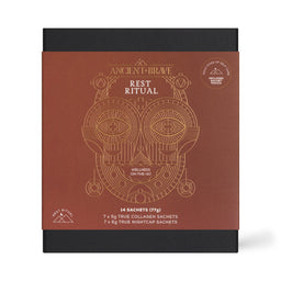 Ancient Brave Rest Ritual wellness supplement packaging, featuring a square box with a terracotta brown front panel and black top and bottom. The front panel has gold line art of a stylized owl and white text reading 'ANCIENT BRAVE', 'REST RITUAL', and product details for 14 collagen and 7 nightcap sachets.