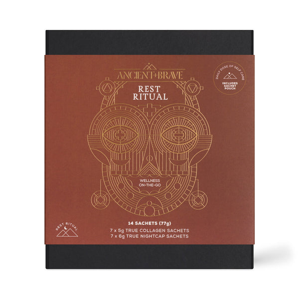 Ancient Brave Rest Ritual wellness supplement packaging, featuring a square box with a terracotta brown front panel and black top and bottom. The front panel has gold line art of a stylized owl and white text reading 'ANCIENT BRAVE', 'REST RITUAL', and product details for 14 collagen and 7 nightcap sachets.