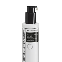 White bottle with black pump of Germaine de Capuccini makeup removal milk on a white background