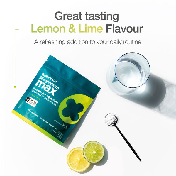 Magnesium supplement package with lemon and lime on a white background