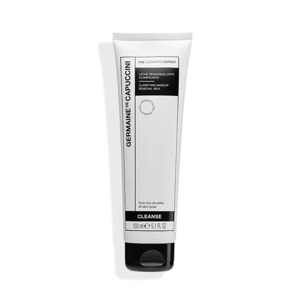 A 150 ml squeeze tube of Germaine de Carliconi Cleanse makeup remover, featuring a minimalist white and black label design, set against a plain white background with a soft shadow.