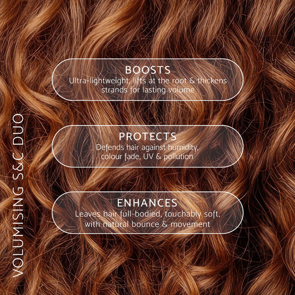Close-up of voluminous copper-brown hair with three rounded text overlays describing hair-enhancing benefits, plus vertical text reading 'VOLUMISING S&C DUO' along the left side.
