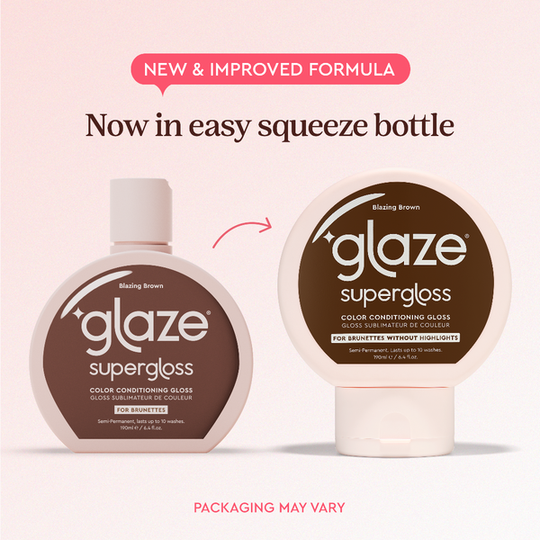 Two bottles of 'glaze supergloss' color conditioning gloss with text about a new formula and easy squeeze bottle.