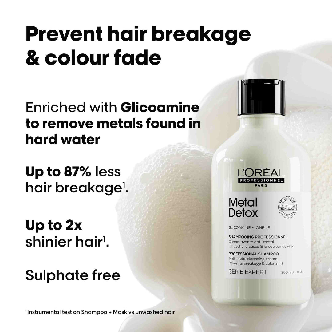 L'Oreal Metal Detox shampoo bottle with text about hair care benefits on a white background