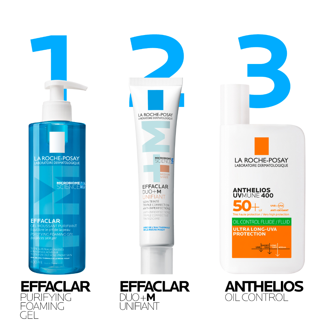 Three La Roche-Posay skincare products with product names and features displayed.