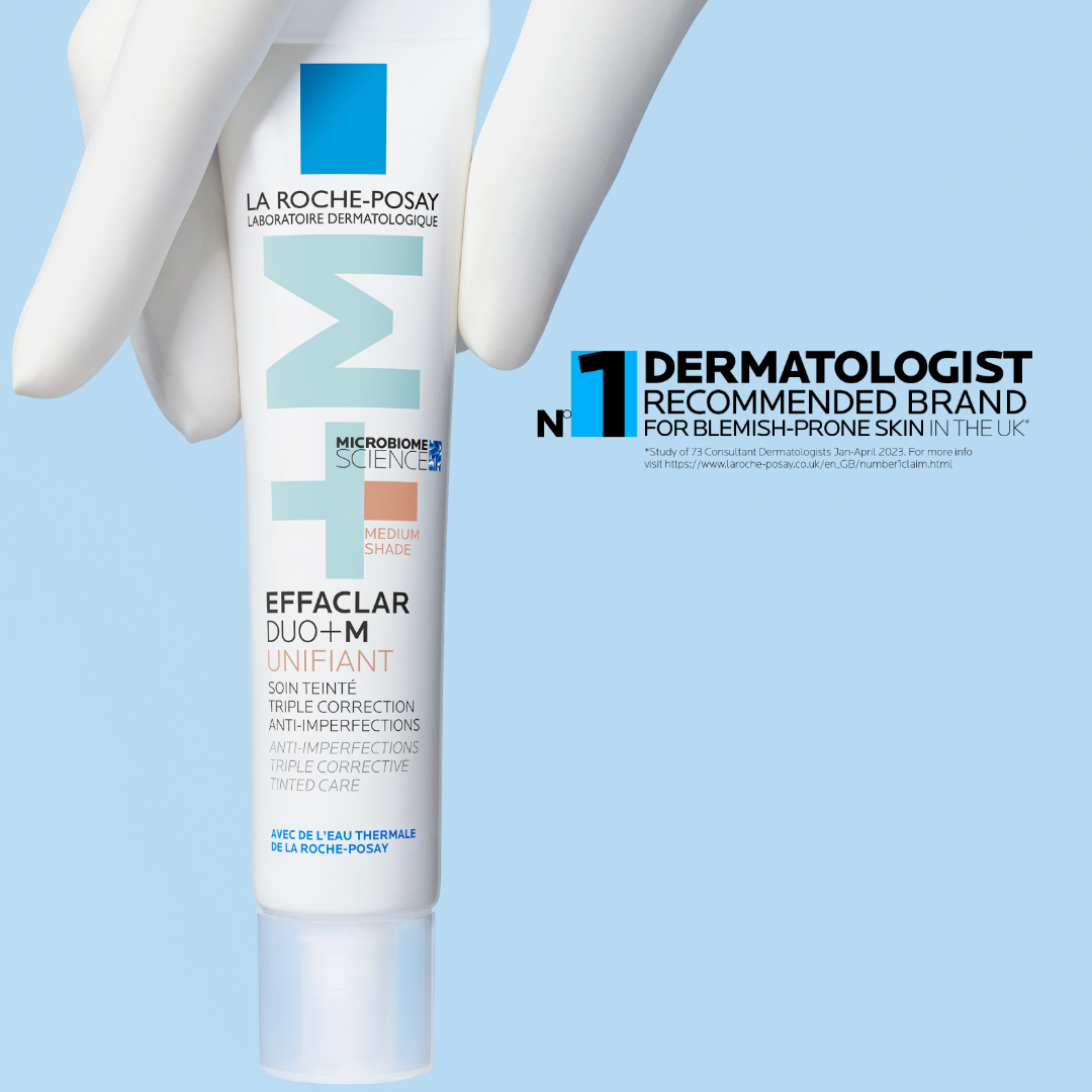 La Roche-Posay Effaclar Duo+M skincare product with branding and dermatologist recommendation on a light blue background