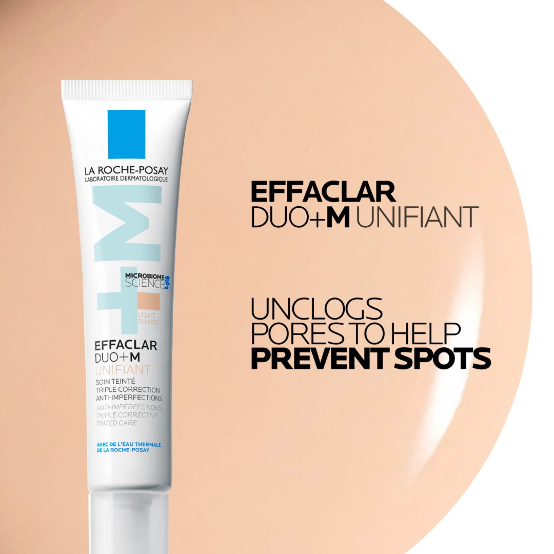 La Roche-Posay Effaclar Duo+M Unifiant tube on a beige background