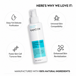 Kanz en Hypochlorous Cleansing Spray bottle shown on a white background with marketing callouts around it, including icons and text about deep yet delicate purification, universal skin compatibility, faster skin cell turnover rate, and enhanced skin revitalization. Manufactured with 100% natural ingredients is noted at the bottom.