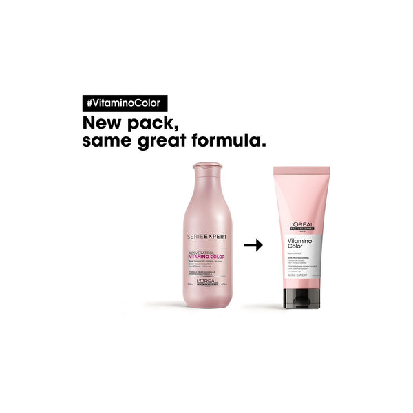 L'Oreal Paris shampoo and conditioner bottles with text 'New pack, same great formula.' on a white background