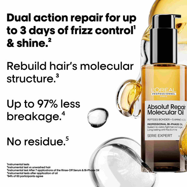 L'Oreal Serie Expert Absolut Repair hair oil bottle with product benefits text on a white background