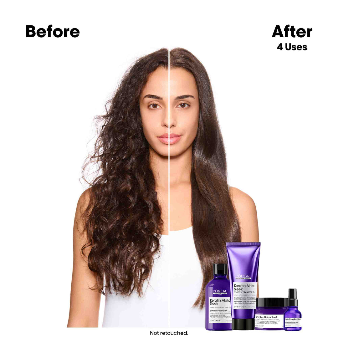 Before and after comparison of hair treatment with product packaging displayed.