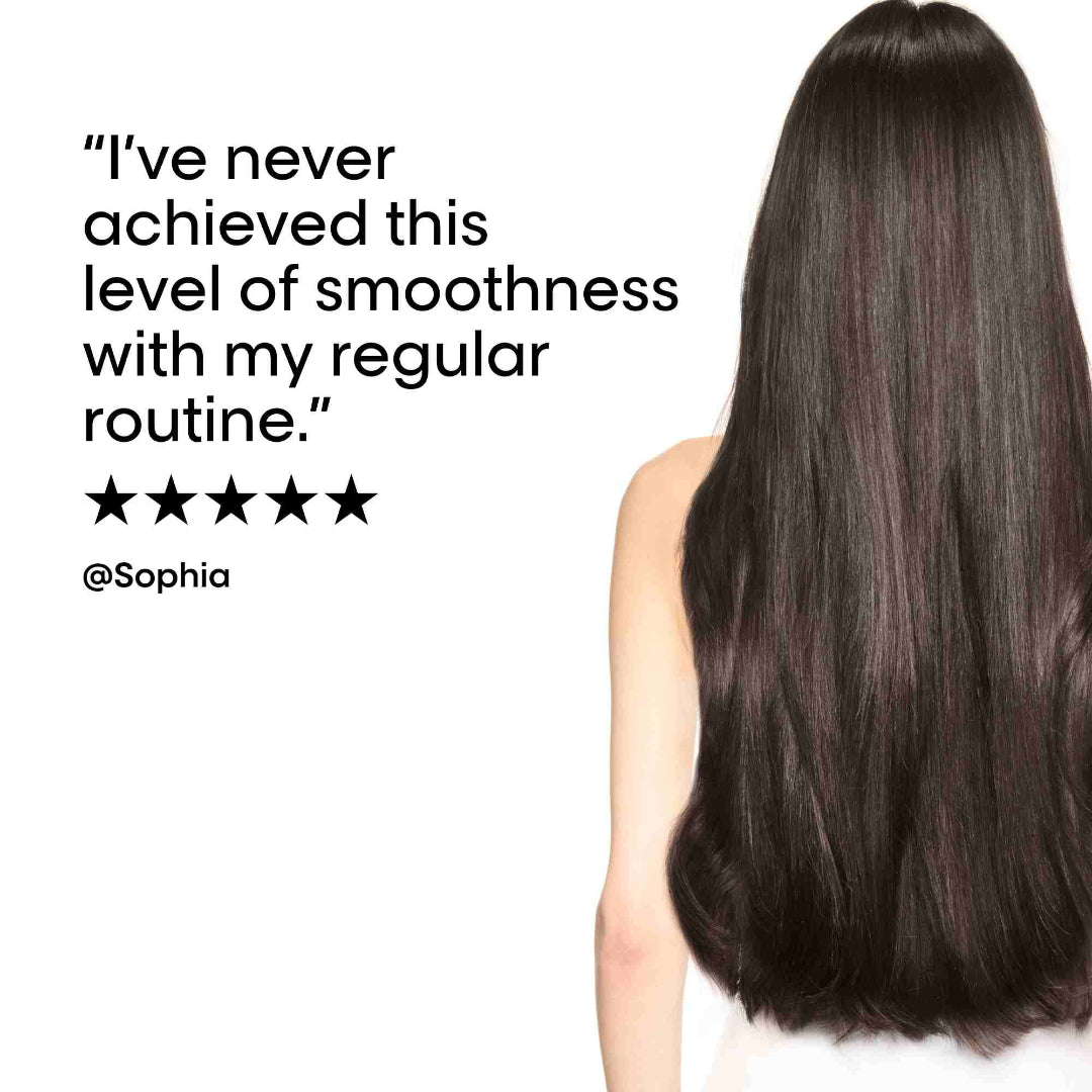 Person with long, smooth hair and a five-star rating text on a white background