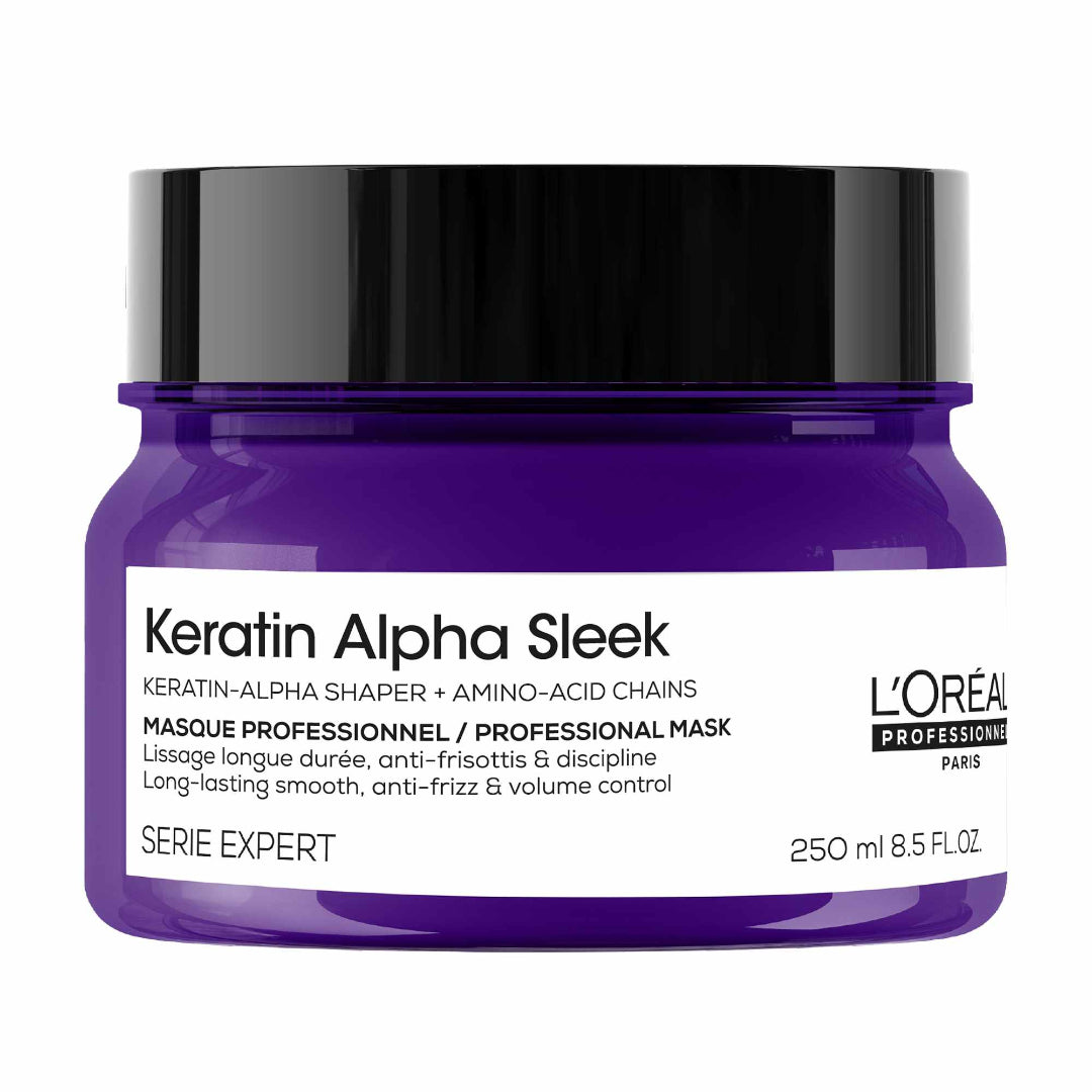 L'Oreal Keratin Alpha Sleek hair mask jar on a white background