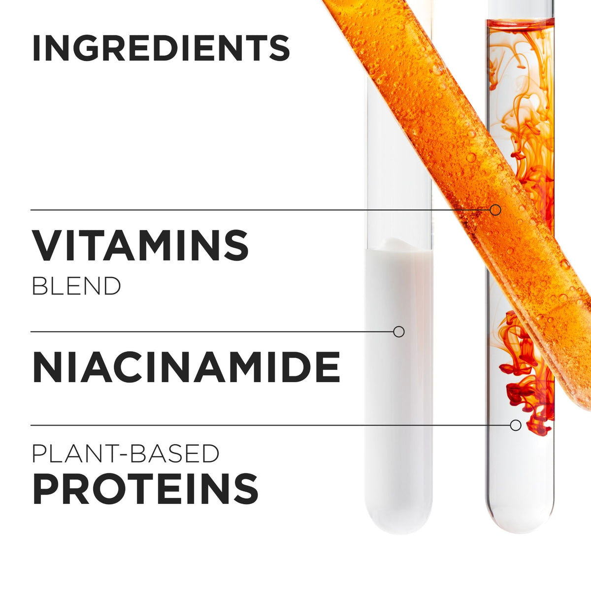 Promotional graphic for a plant-based protein powder or supplement, showing two clear test tubes on a white background with text labels: 'INGREDIENTS', 'VITAMINS BLEND', 'NIACINAMIDE', and 'PLANT-BASED PROTEINS'. One tube contains a white powder, and the other shows orange liquid mixing in.