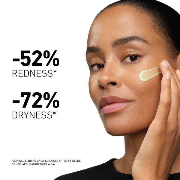 Woman applying cream to her face with skincare benefits displayed on a white background