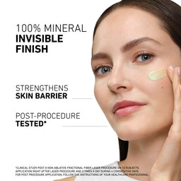 Woman applying cream to her face with text about a 100% mineral invisible finish skincare product.