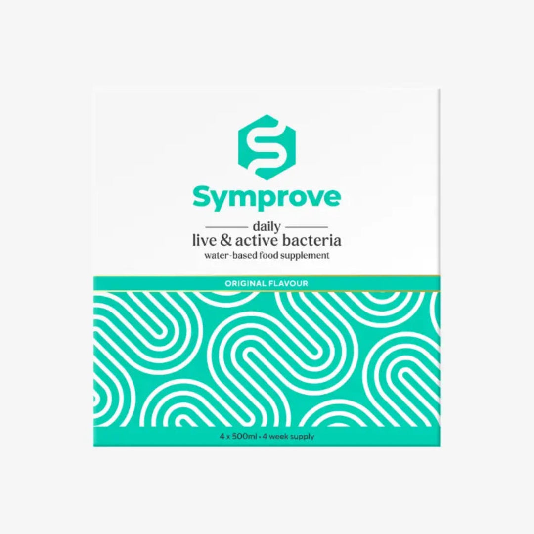 Symprove daily live & active bacteria water-based food supplement sachet, featuring a white and teal design with a wavy pattern on the lower half.
