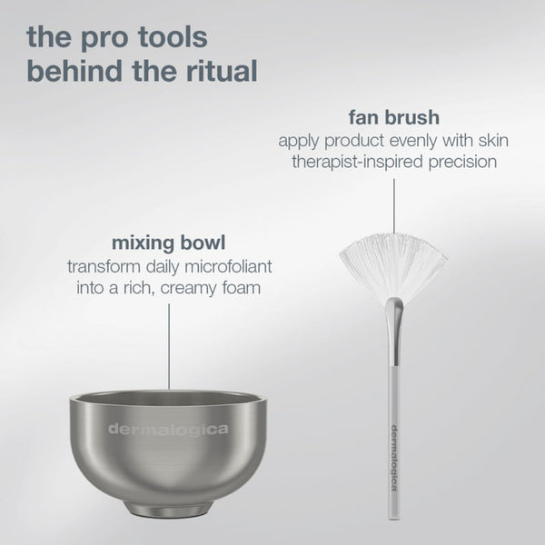 Dermalogica microfoliant foam preparation set, featuring a metallic silver mixing bowl and a white and silver fan brush, with text callouts explaining their use on a light gray gradient background.