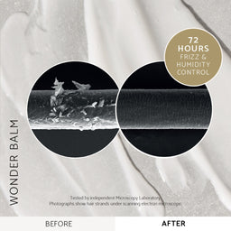 Promotional graphic for Wonder Balm hair product showing a before-and-after comparison under a scanning electron microscope. The left 'BEFORE' circle shows frayed, dry hair strands, while the right 'AFTER' circle shows a smooth, healed hair surface.