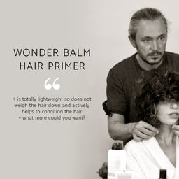 Person getting a haircut with text about volumising conditioner on a light gray background